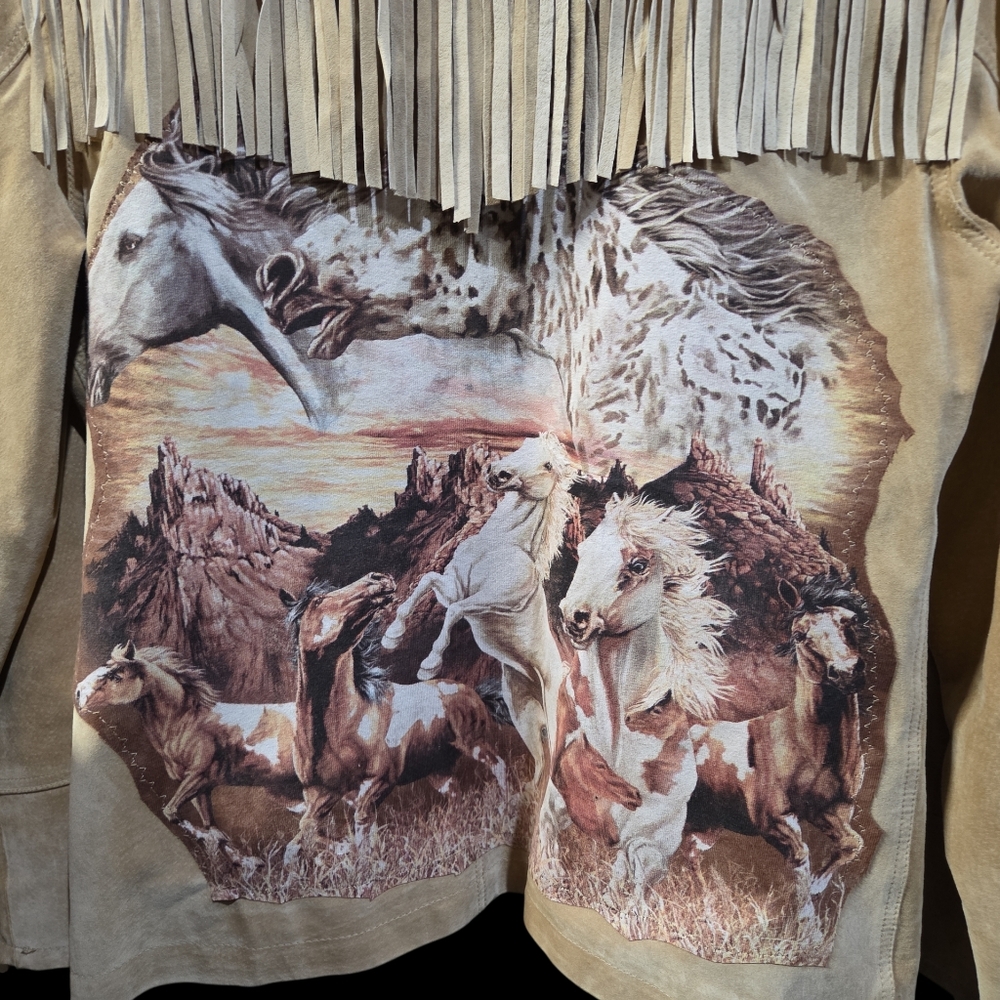Esprit Beige Nylon Lined Jacket Upcycled Custom Horse theme. - Picture 2 of 6